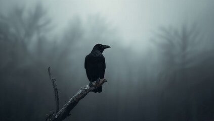 Dark Raven Perched on Branch in Mysterious Foggy Environment