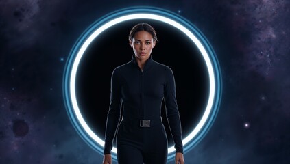 Futuristic Female Figure in Space with Glowing Circular Frame