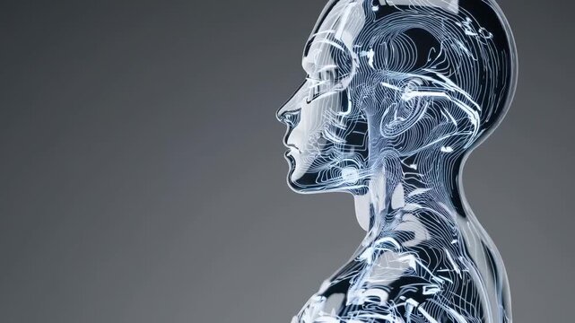 Futuristic human form shines like glass. Network of circuitry covers surface. Cybernetics and artificial intelligence converge in digital matrix of technology, data pulses inside human shell
