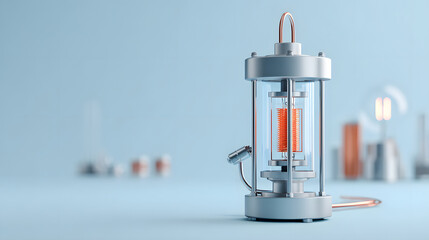 A futuristic laboratory experiment with scientific equipment. An orange and silver object with a light blue background.