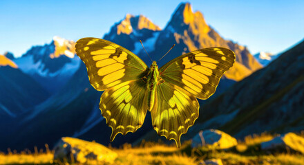 Majestic butterfly silhouette against golden mountain peaks at sunrise silhouette