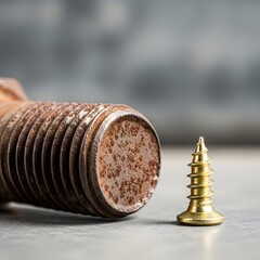 Close-up of a rusty screw and a shiny brass screw on a smooth surface, illustrating different types of fasteners used in construction and DIY projects