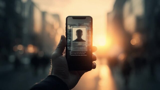 Smartphone and Identification: A person holding a smartphone displays an identification image with a blurred background of a city street and sunlight.