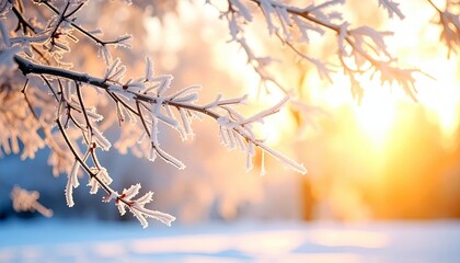Delicate frost crystals adorn bare tree branches, catching the warm glow of a rising sun in a serene winter scene.