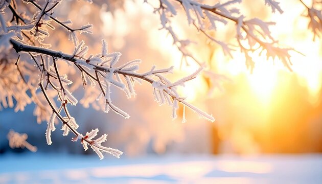 Delicate frost crystals adorn bare tree branches, catching the warm glow of a rising sun in a serene winter scene.