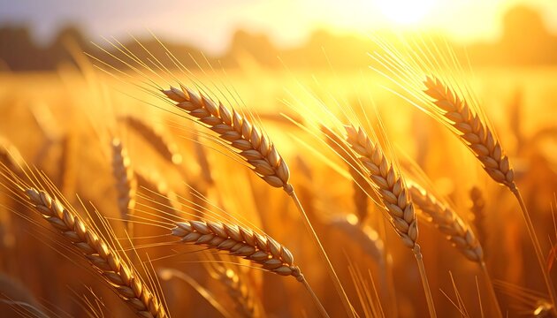 Close-up of golden wheat stalks bathed in warm sunlight during sunset. Soft focus on background creating a serene landscape