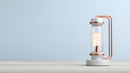 a modern, elegantly designed lantern, casting a warm, inviting glow on a smooth surface, against a soft, subtle backdrop. The design emphasizes a blend of simplicity, utility, and refined aesthetics.