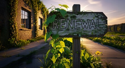 A rustic wooden sign with the word 'RENEWAL' surrounded by green leaves and plants, set against a warm sunset background near a building with ivy-covered walls