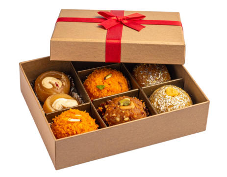Open Raksha Bandhan Gift Box with Traditional Indian Sweets on Transparent Background