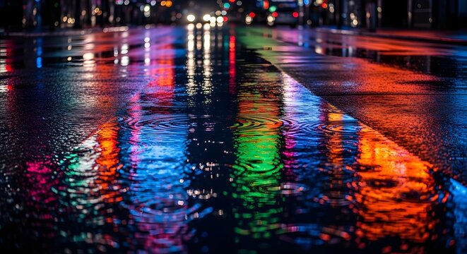 Colorful city street reflections on wet pavement during nighttime with vibrant neon lights creating a lively urban atmosphere