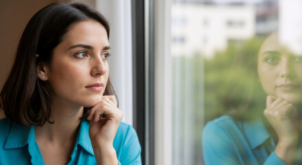Young woman in contemplation — looking out window, lonely reflection, mental wellness theme