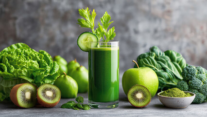 Fictional healthy plant-based green smoothie with cucumber slice, celery leaf. Halved kiwis, spinach leaves, lettuce, broccolis, green apples, small bowl of matcha powder.