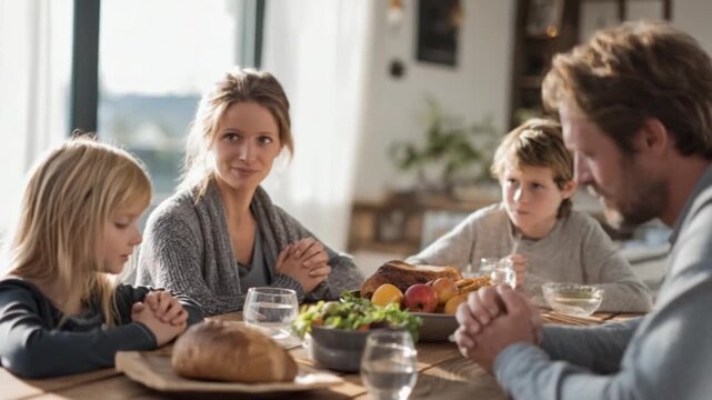 Gratitude's Embrace: A family's intimate moment of reflection and togetherness at a dining table. Captured is their shared appreciation for a meal. The scene exudes warmth and closeness.