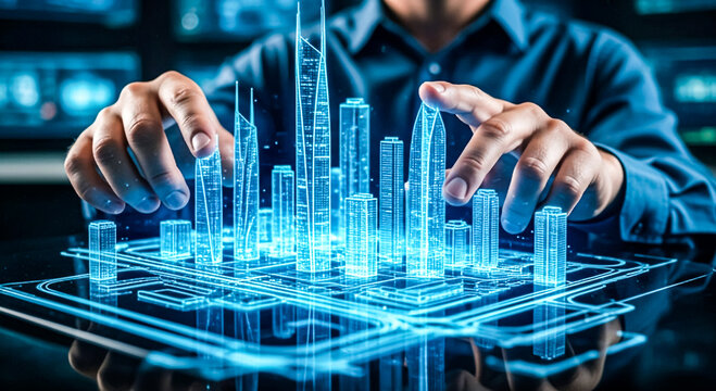A person interacts with a holographic cityscape using hand gestures, illustrating futuristic digital interface technology and innovation.  