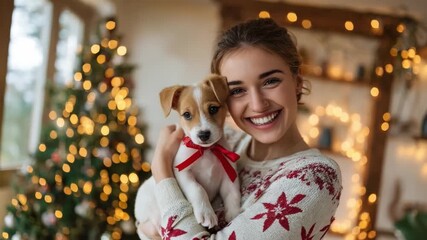 Holiday Joy: A woman and a puppy share a heartwarming Christmas moment, bathed in the soft glow of a twinkling Christmas tree