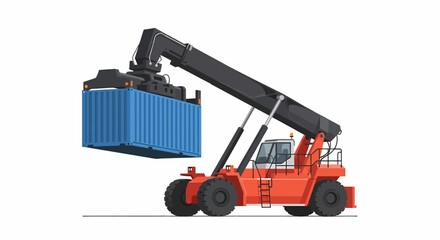 Illustration of a reach stacker lifting a blue shipping container.
