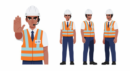 A male industrial worker character set in a hard hat and safety vest, shown in various poses including a stop gesture.
