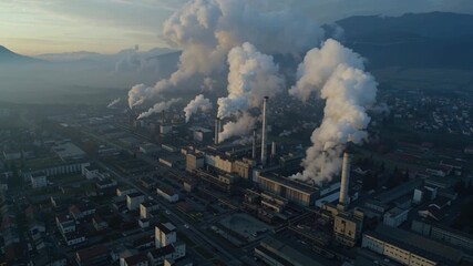 Environmental industrial pollution from factory chimney smoke causes serious health risks and environmental damage urban area with mountains dusk