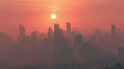 Sunrise city skyline with smog and air pollution creating environmental health risks affecting air quality in urban area haze silhouette