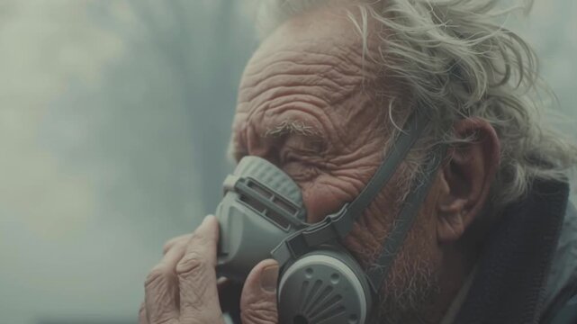 Elderly man wearing protective mask outdoors concerned about air pollution quality and environmental health risks hazy urban atmosphere with blurred