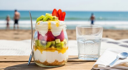 A delicious fruit parfait in a jar with layers of yogurt, kiwi, strawberries, and jam, served on a beach with a glass of water and people in the background