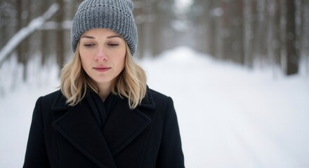 Pensive woman in snowy winter forest — young blonde person feeling lonely, cold outdoor scene, copy space