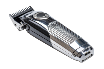 Electric shaver on white background with metallic silver design and grooming tool details.