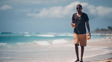 Beach Stroll: A man enjoys a leisurely walk along the sandy shore, with the ocean waves. He holds a refreshing beverage, embodying relaxation and leisure. 