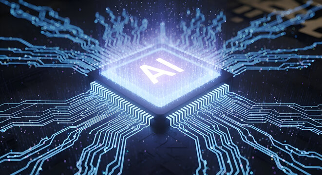 Cutting-edge AI processor with glowing circuitry showcasing the future of technology and machine learning for innovative tech projects and designs