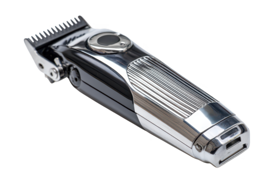Electric shaver on white background with metallic silver design and grooming tool details.