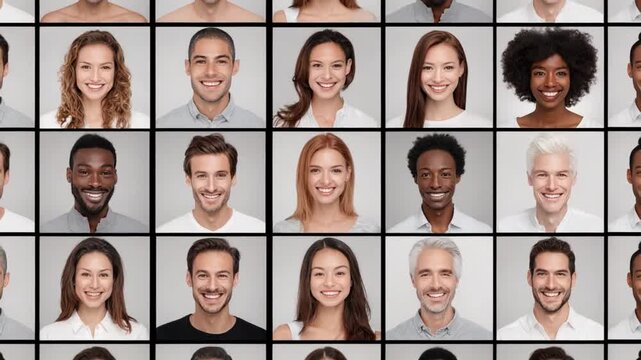 Diverse Faces of Humanity: A captivating collage of diverse faces, each radiating with unique expressions, united in a mosaic of human experience and the celebration of individuality.