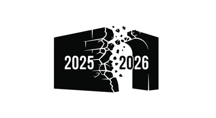 Year 2025 crumbling into the bright future of 2026, symbolizing transition and new beginnings.
