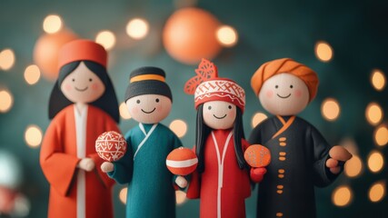 Handcrafted doll figurines celebrating cultural in warm holiday atmosphere with festive ornaments in soft focus background. Concept of diversity among people on Christmas Day