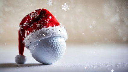 Golf ball wearing a red Santa hat, adorned with snowflakes, during snowfall at the Christmas and New Year holiday season