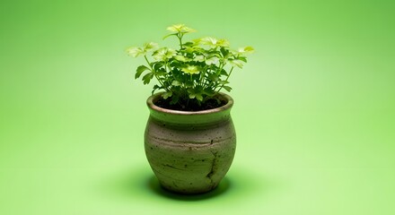 A small potted plant with lush green leaves placed against a vibrant green background, showcasing the beauty of indoor gardening and nature