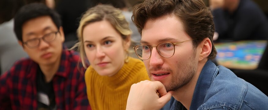 A group deeply connects as they thoughtfully explore tactics in a hands-on board game challenge