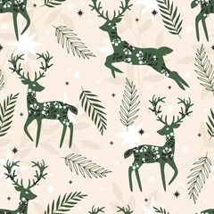 Green seamless pattern with deers. Design for card, fabric, print, greeting, cloth, poster, clothes, textile.