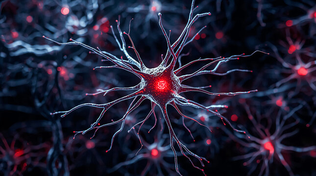 A highly detailed 3D-rendered neuron cell with a glowing red nucleus, intricate dendrites, and axon terminals in a dark backdrop.