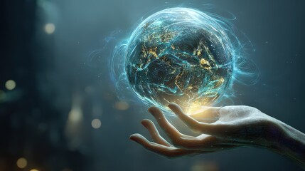 Abstract Glowing Sphere Held in Pixelated Hand with Blue Light Particles Against a Dark Background Future Technology Innovation Optimistic Conceptual