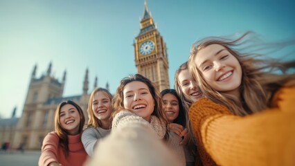 Happy diverse group of six young women taking cheerful selfie in city with famous clock tower landmark in sunny background. Represents friendship, travel, and memorable urban adventure.