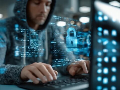 Digital Intrusion: A masked figure intensely focused on a computer, the digital world comes to life with luminous code and security features.