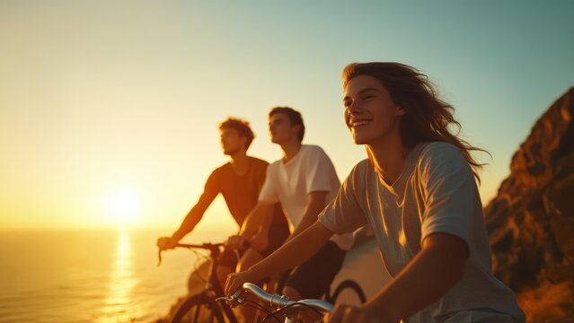Three young adults cycling along scenic coastline during golden sunset, illuminated by warm light, expressing freedom, adventure, outdoor activity, and healthy lifestyle in nature. Friendship concept.