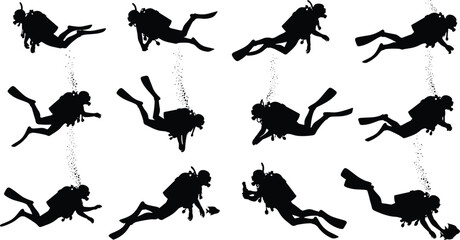 Scuba diver silhouettes, underwater swimming, diving gear, fins, bubbles, marine activity, ocean exploration, black icons, isolated vector