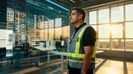 Industry professional reviewing a 4k footage of a construction project using BiM technology with a futuristic holographic display - Powered by Adobe