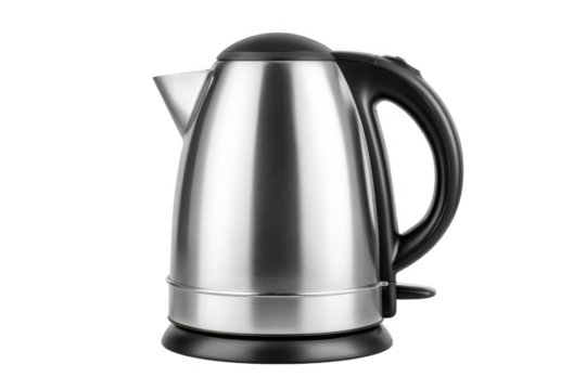 Stainless steel electric kettle on white background with handle and spout for tea or coffee.