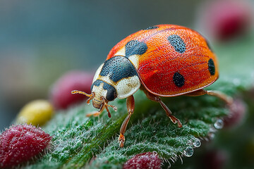Close up of a ladybug with orange shell and black spots on a green leaf with water droplets