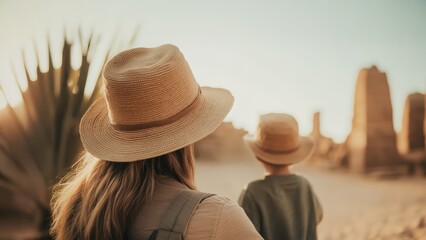 Mother and son on family travel adventure exploring ancient archaeological ruins. Candid people in hats walking through desert during a warm golden hour sunset.