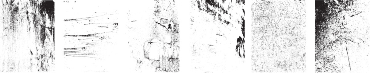 Set of six grunge textures with distressed surfaces for branding, packaging, print templates, and digital design backgrounds. Simply place textures over any object to create grungy effect. Vector
