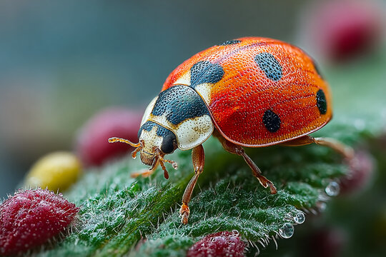 Close up of a ladybug with orange shell and black spots on a green leaf with water droplets - Powered by Adobe
