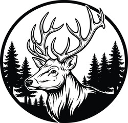 Wild deer illustration with antlers in forest background, vintage wildlife design, majestic stag head art, nature and hunting concept.